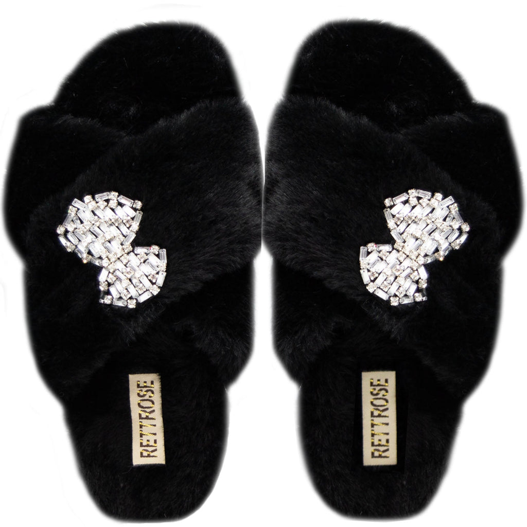Fefe Black Luxury Plush Diamanté Embellished Handmade Slipper
