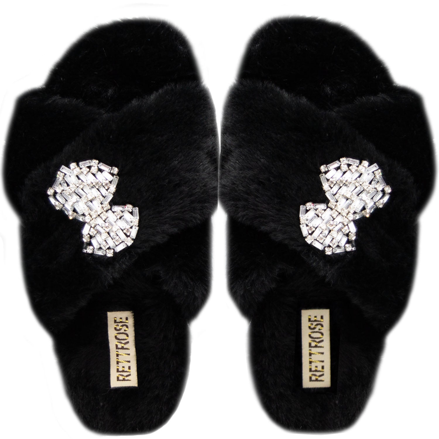Fefe Black Luxury Plush Diamanté Embellished Handmade Slipper