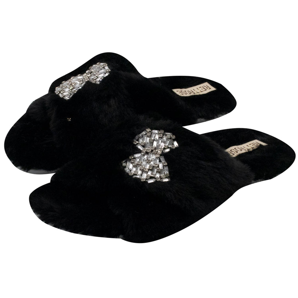 Fefe Black Luxury Plush Diamanté Embellished Handmade Slipper