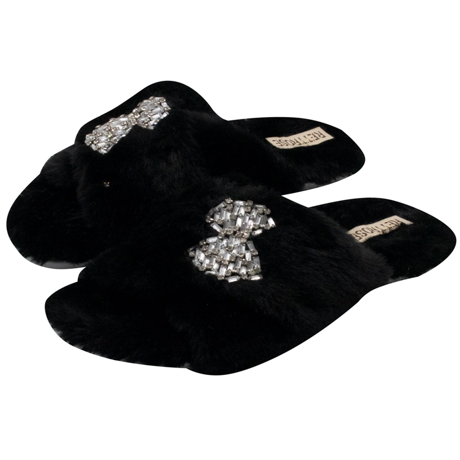 Fefe Black Luxury Plush Diamanté Embellished Handmade Slipper