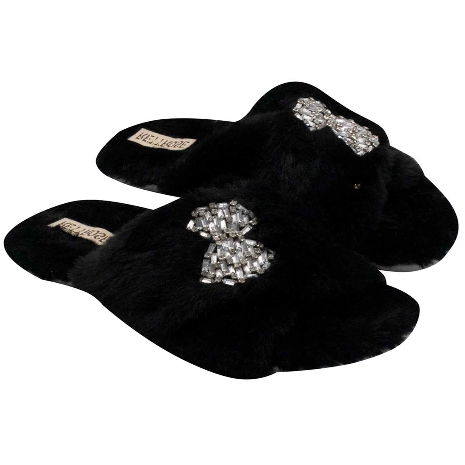Fefe Black Luxury Plush Diamanté Embellished Handmade Slipper