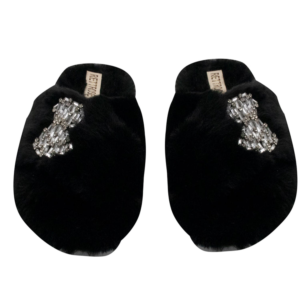 Fefe Black Luxury Plush Diamanté Embellished Handmade Slipper