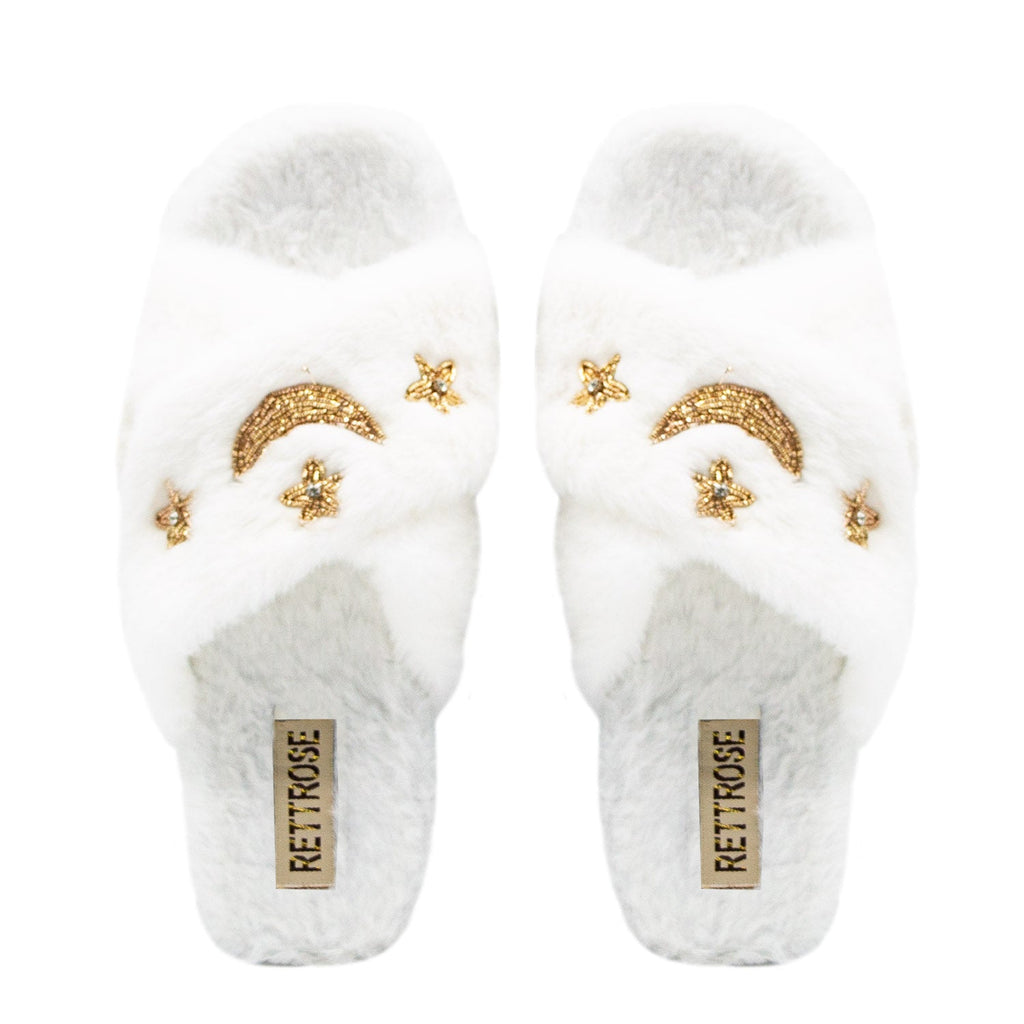 Isabel Cream Luxury Plush Diamanté Embellished Handmade Slipper