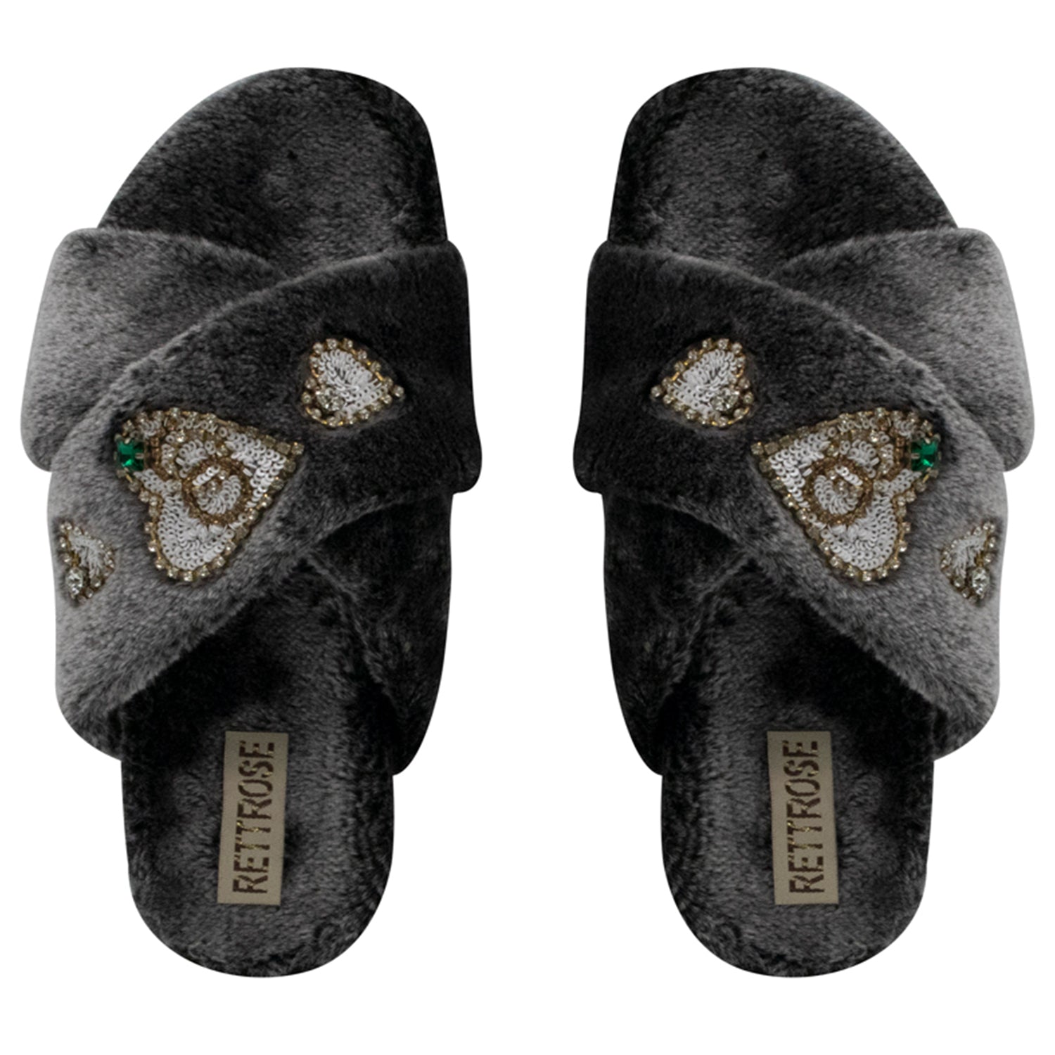 Emmy Charcoal Luxury Plush Diamanté Embellished Handmade Slipper