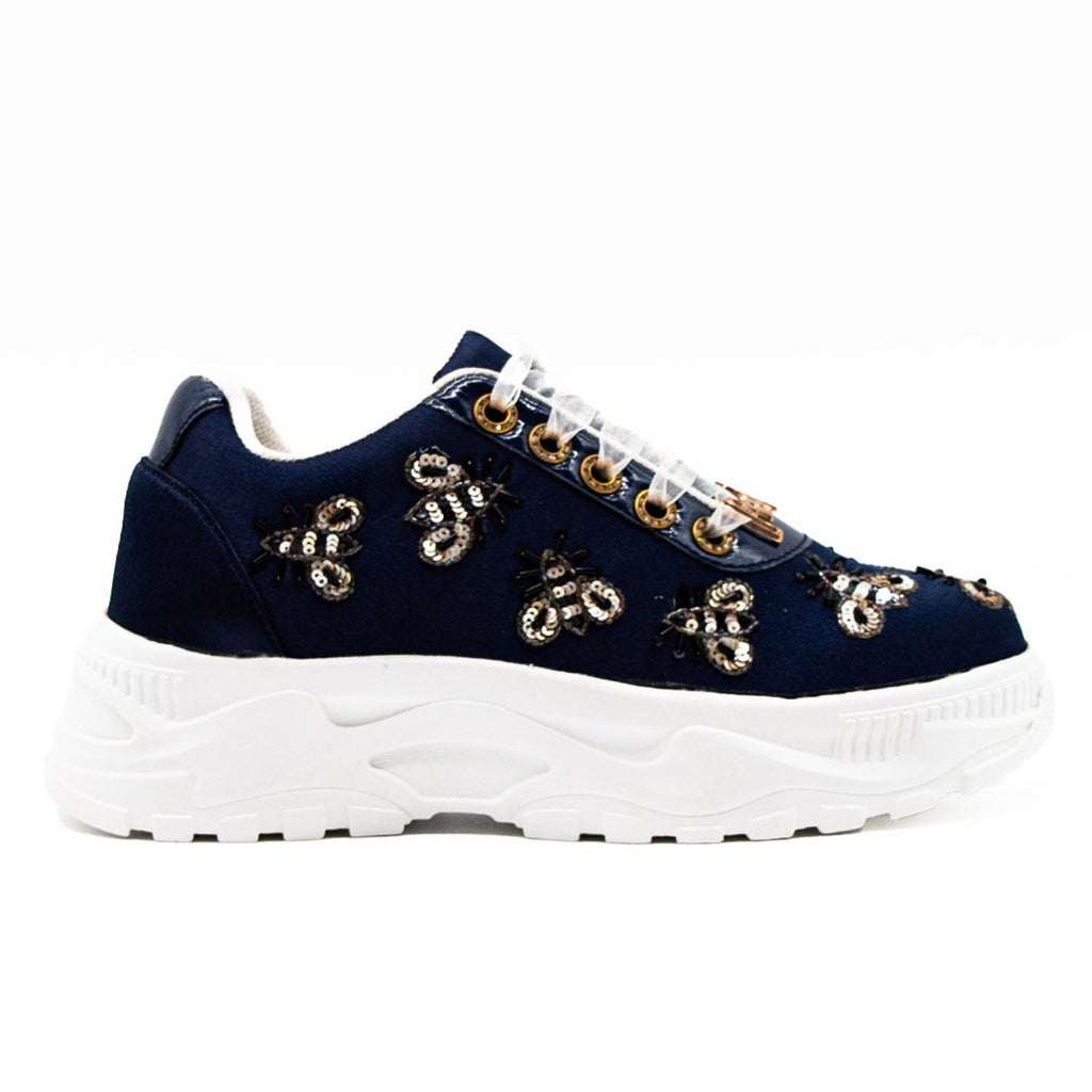 Kennedy Luxury Navy Satin Handmade Embellished Trainers