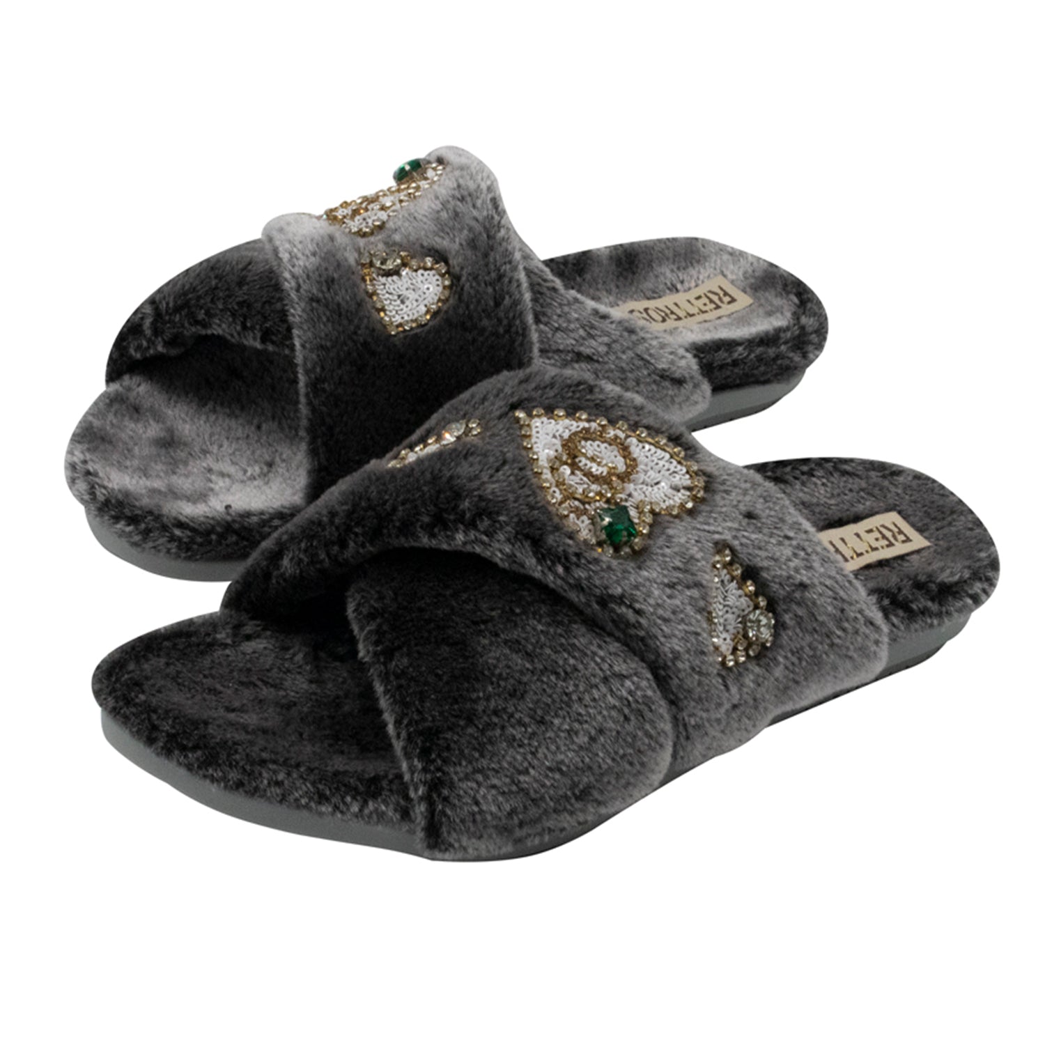 Emmy Charcoal Luxury Plush Diamanté Embellished Handmade Slipper