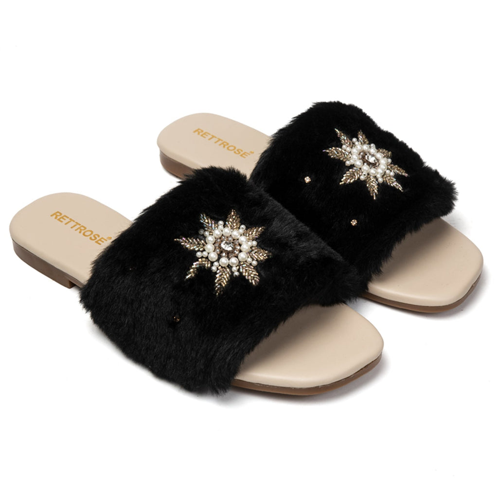 Taylor Black Luxury Plush Diamanté Embellished Handmade Sliders