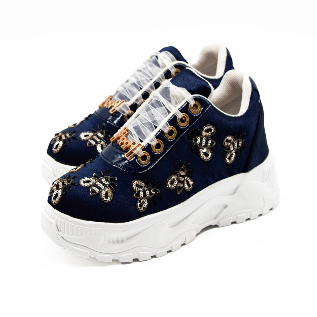 Kennedy Luxury Navy Satin Handmade Embellished Trainers