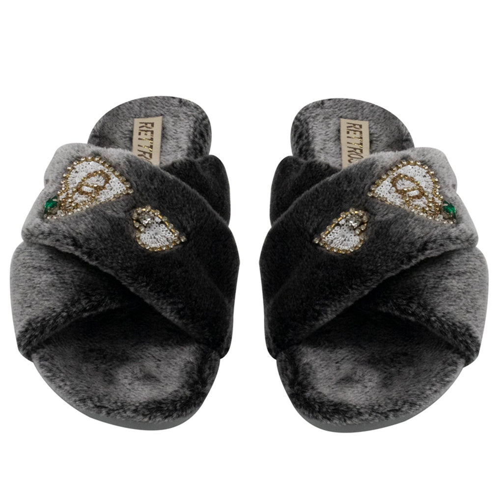 Emmy Charcoal Luxury Plush Diamanté Embellished Handmade Slipper