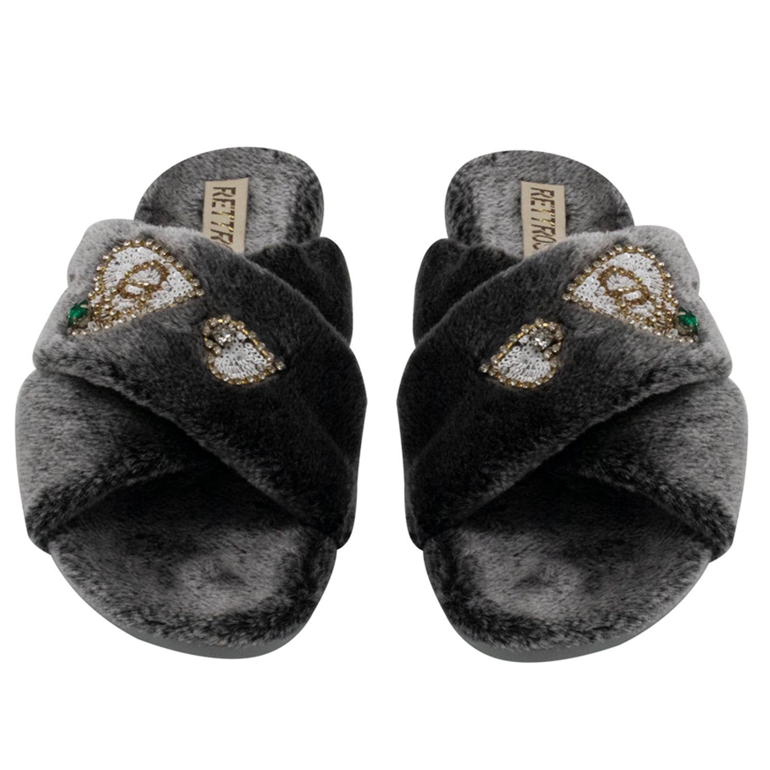 Emmy Charcoal Luxury Plush Diamanté Embellished Handmade Slipper