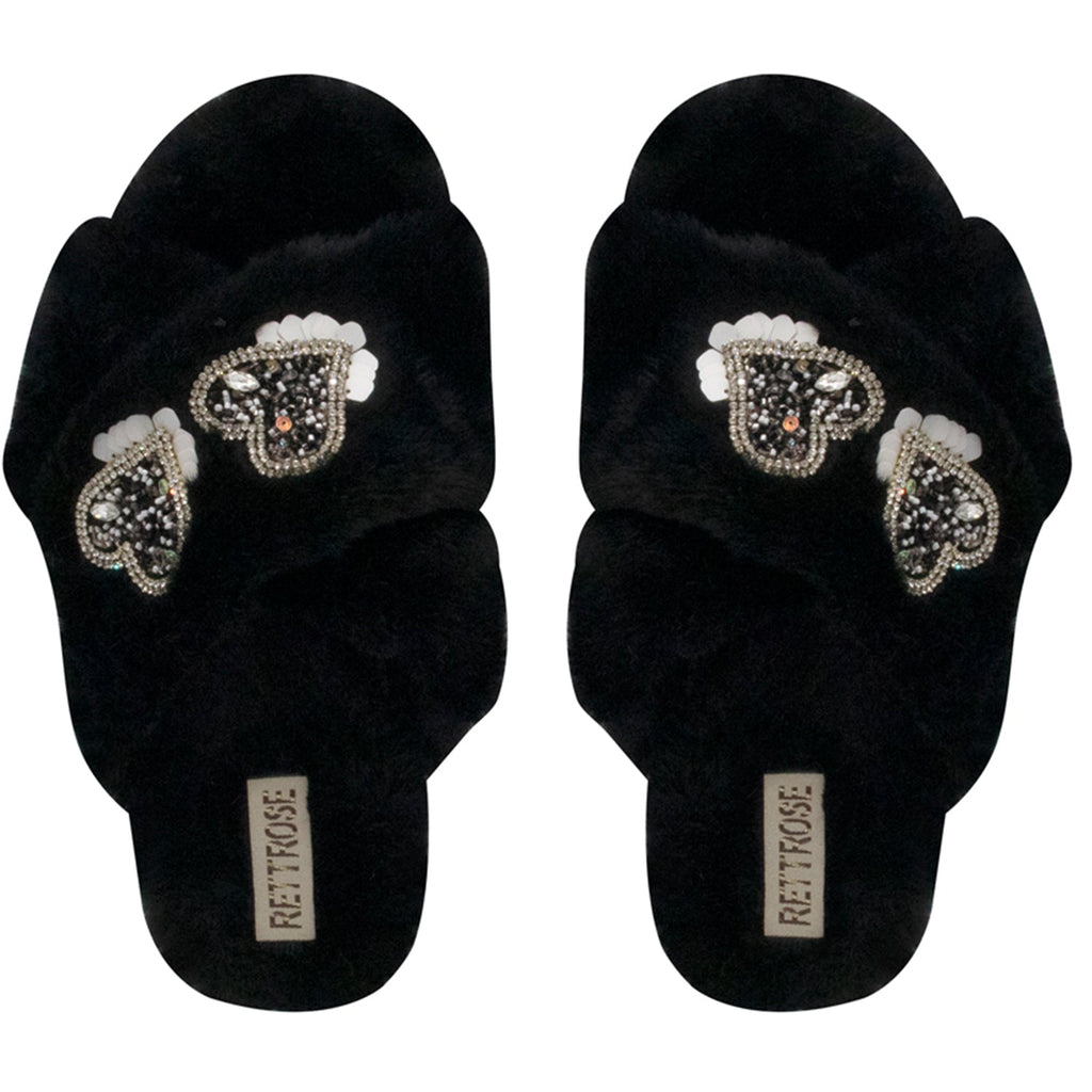 Katie Black Luxury Plush Diamanté Heart Embellished Handmade Slipper