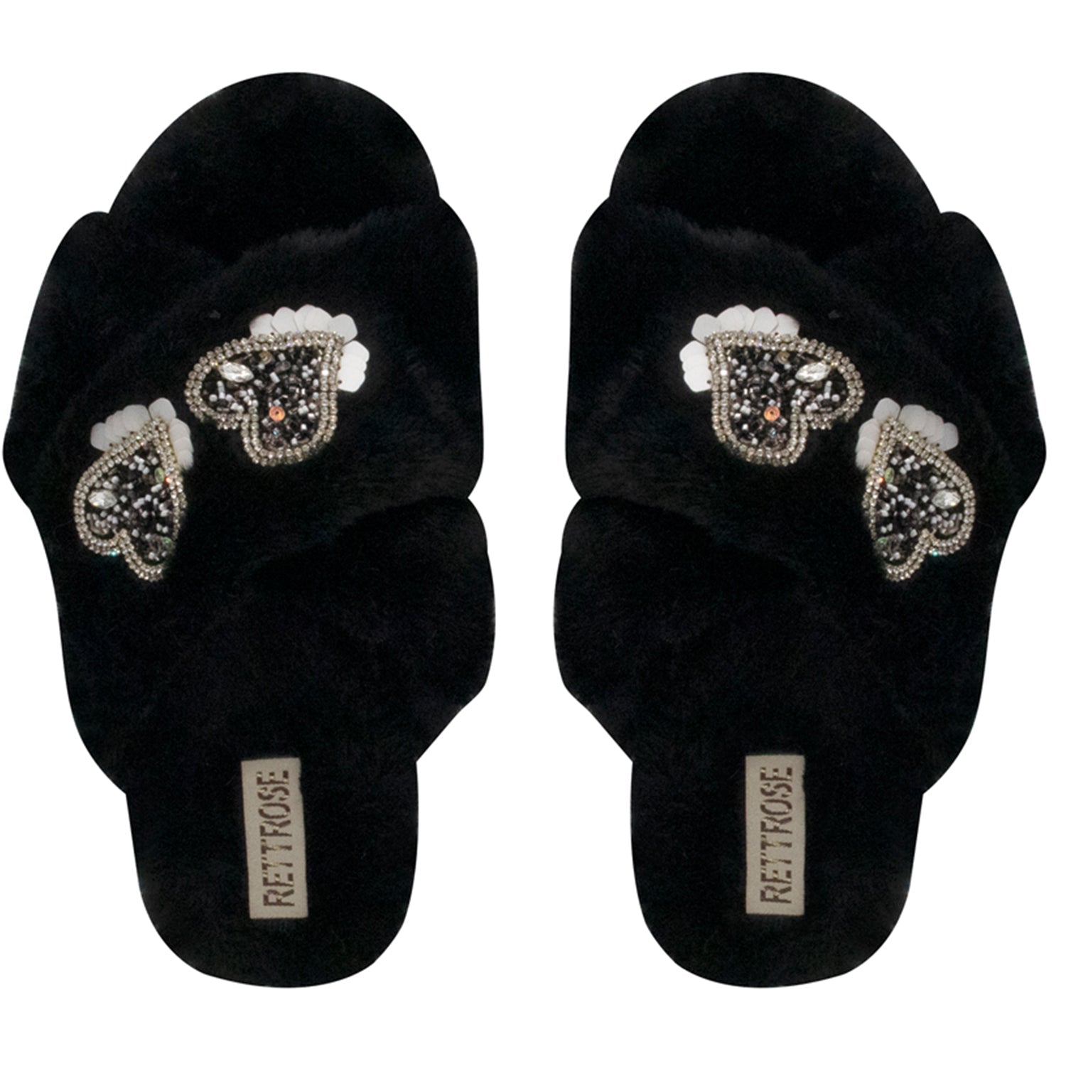 Katie Black Luxury Plush Diamanté Heart Embellished Handmade Slipper