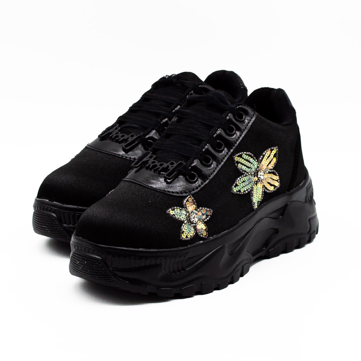 Melody Luxury Noir Satin Handmade Embellished Trainers