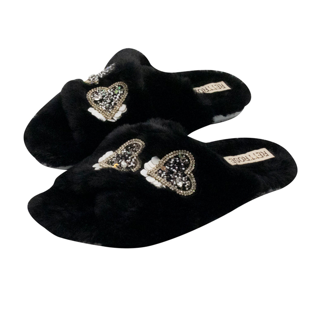 Katie Black Luxury Plush Diamanté Heart Embellished Handmade Slipper