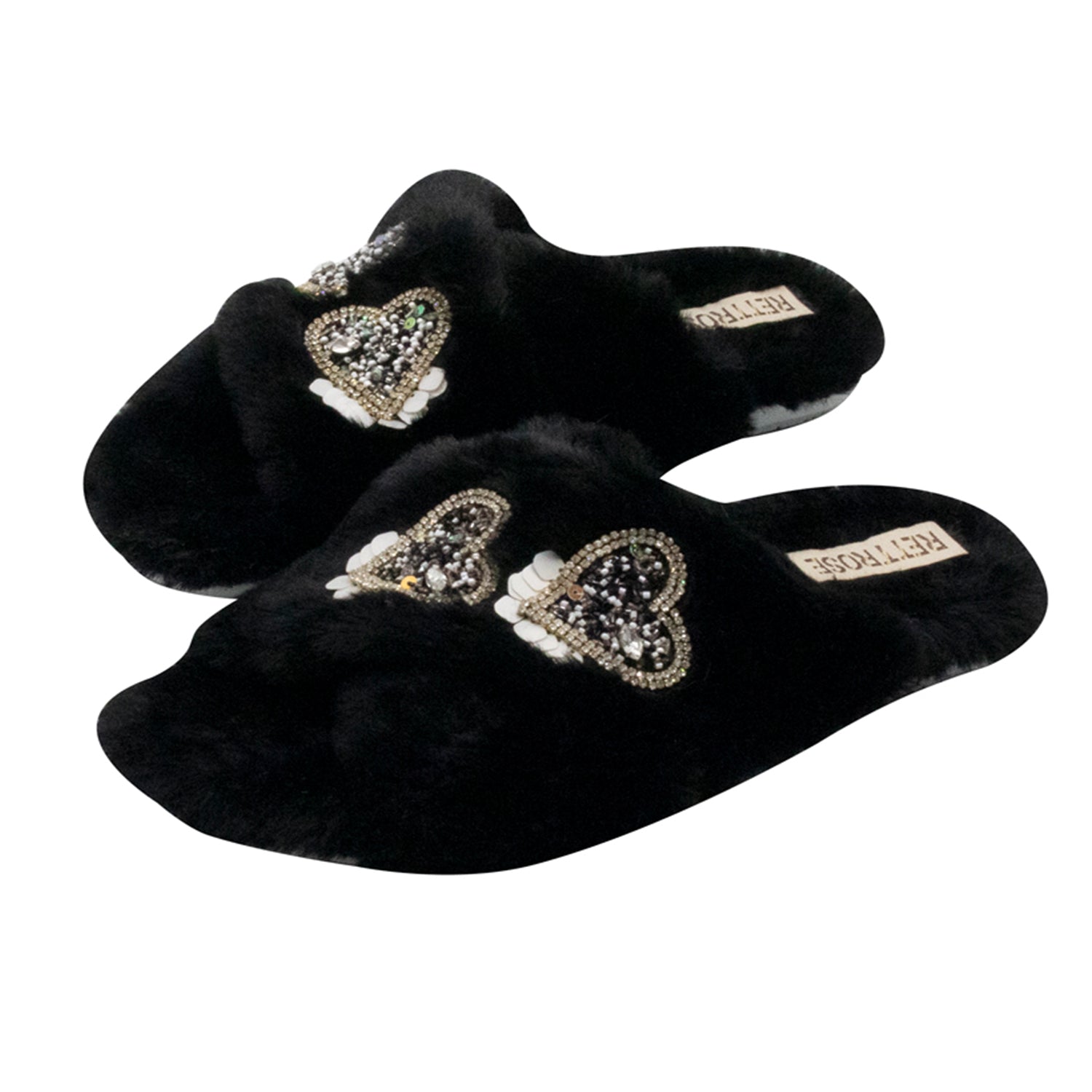 Katie Black Luxury Plush Diamanté Heart Embellished Handmade Slipper