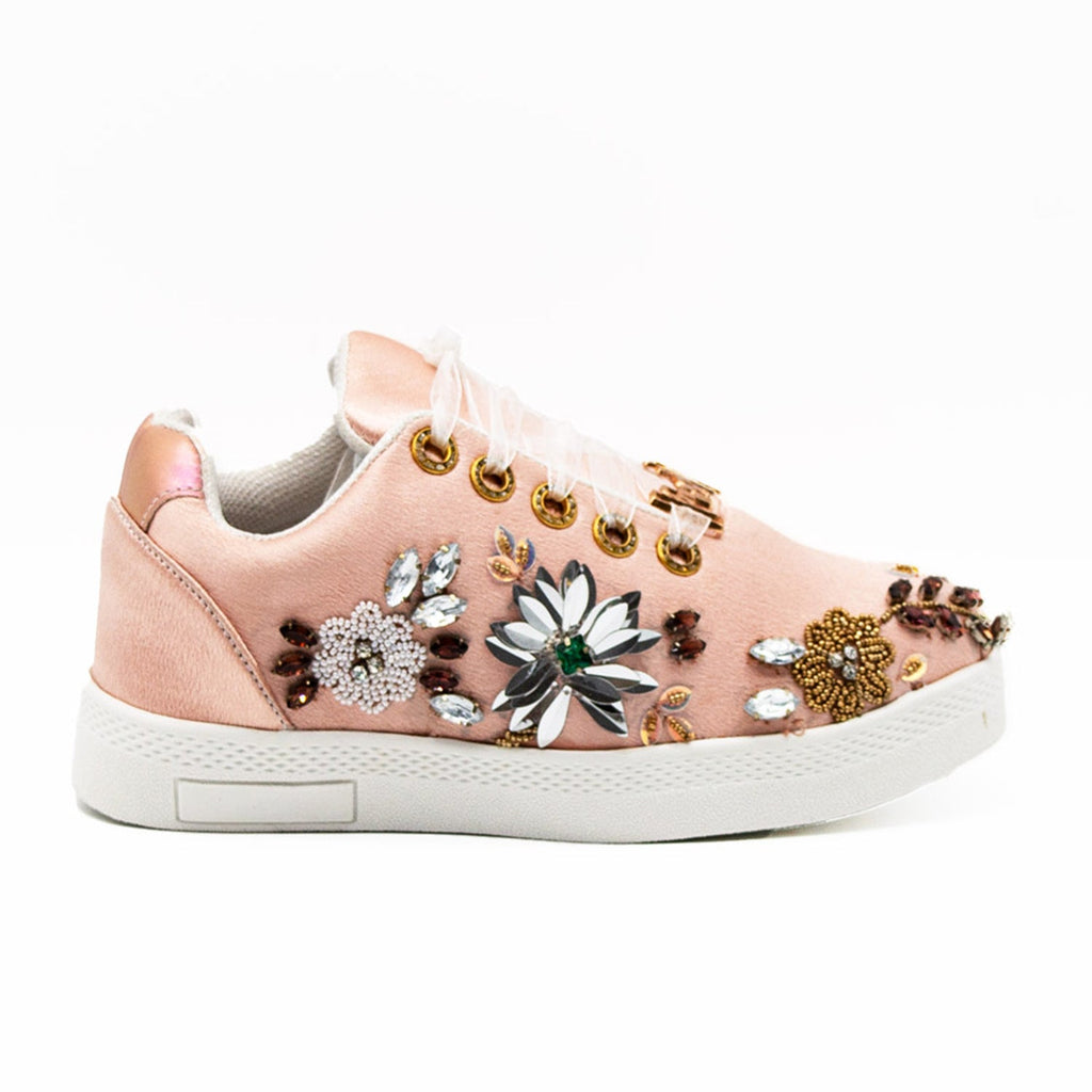 Freya Luxury Nude Satin Handmade Embellished Tennis Shoe