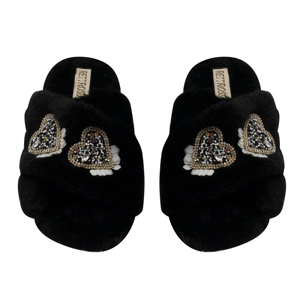 Katie Black Luxury Plush Diamanté Heart Embellished Handmade Slipper