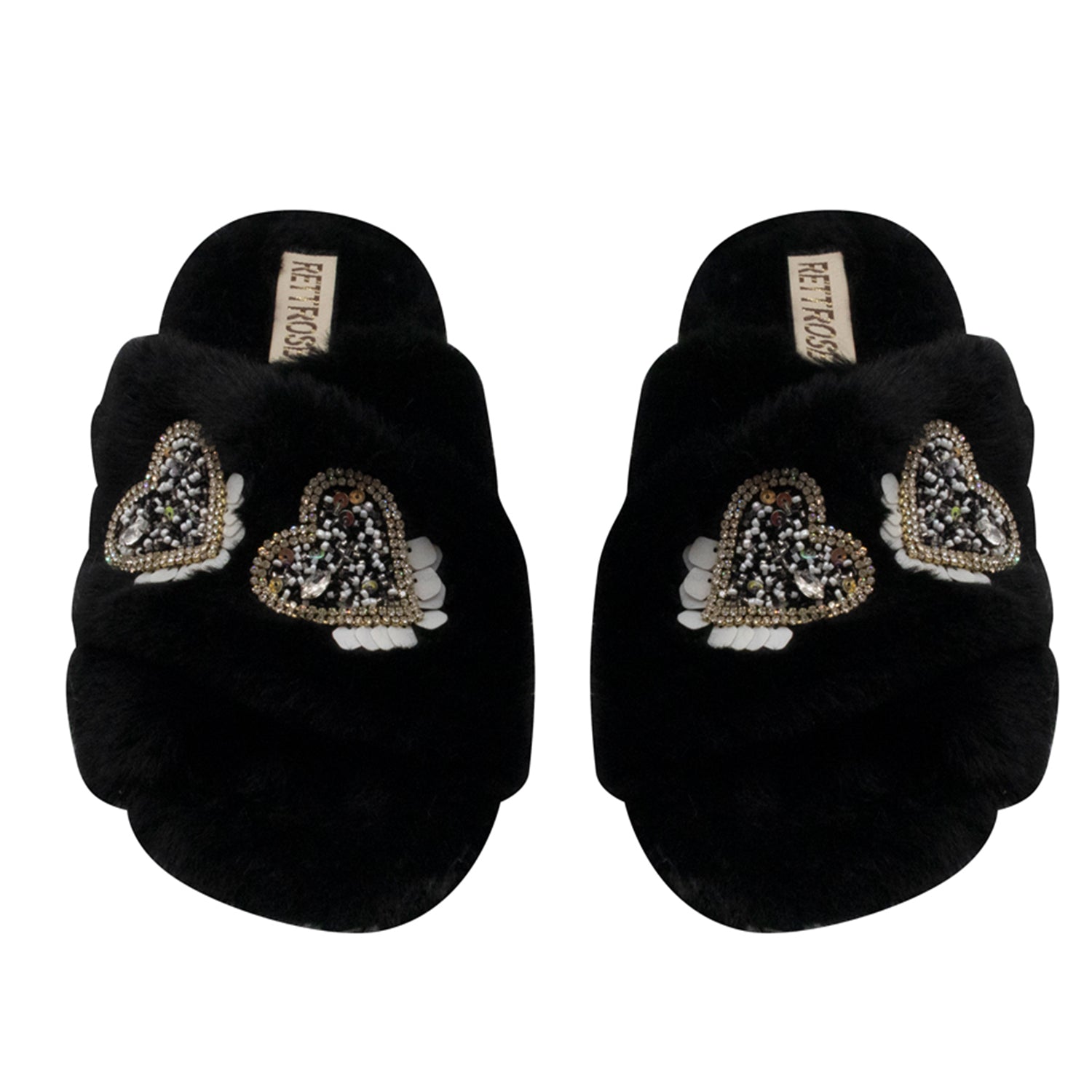 Katie Black Luxury Plush Diamanté Heart Embellished Handmade Slipper