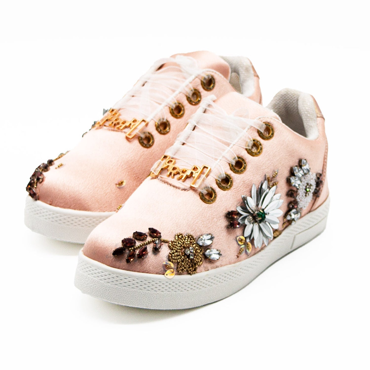 Freya Luxury Nude Satin Handmade Embellished Tennis Shoe