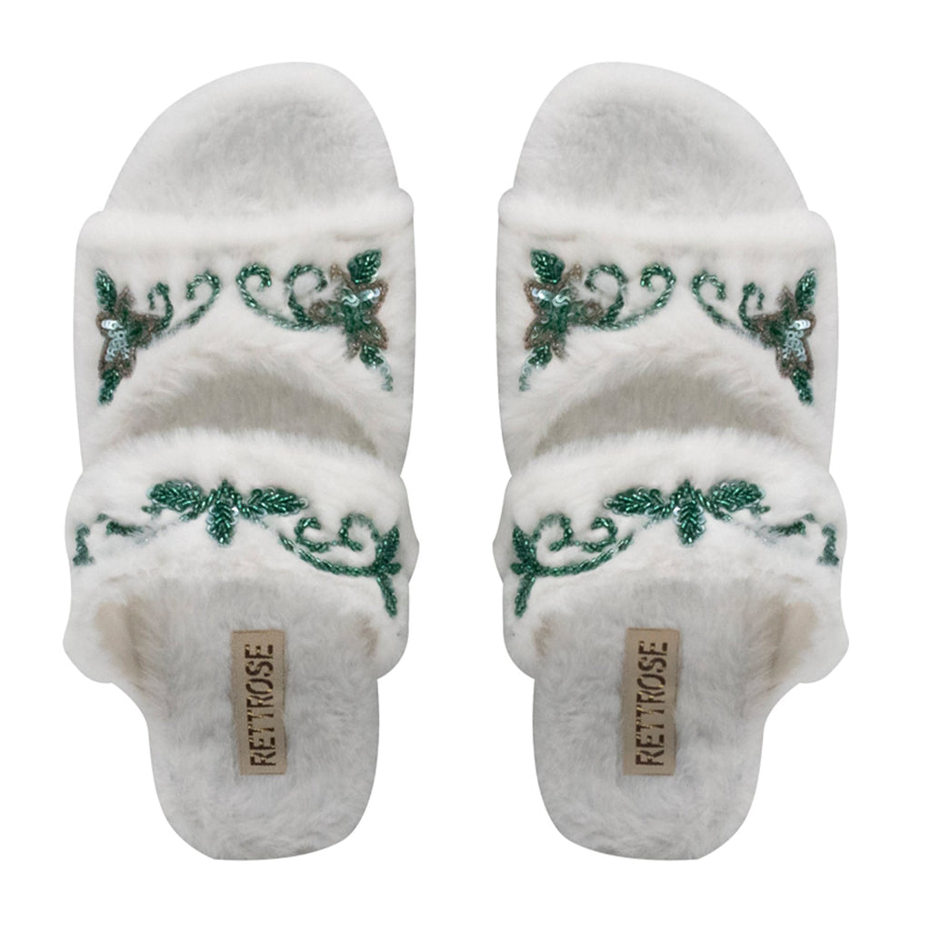 Elkie Cream Luxury Plush Diamanté Embellished Handmade Slipper