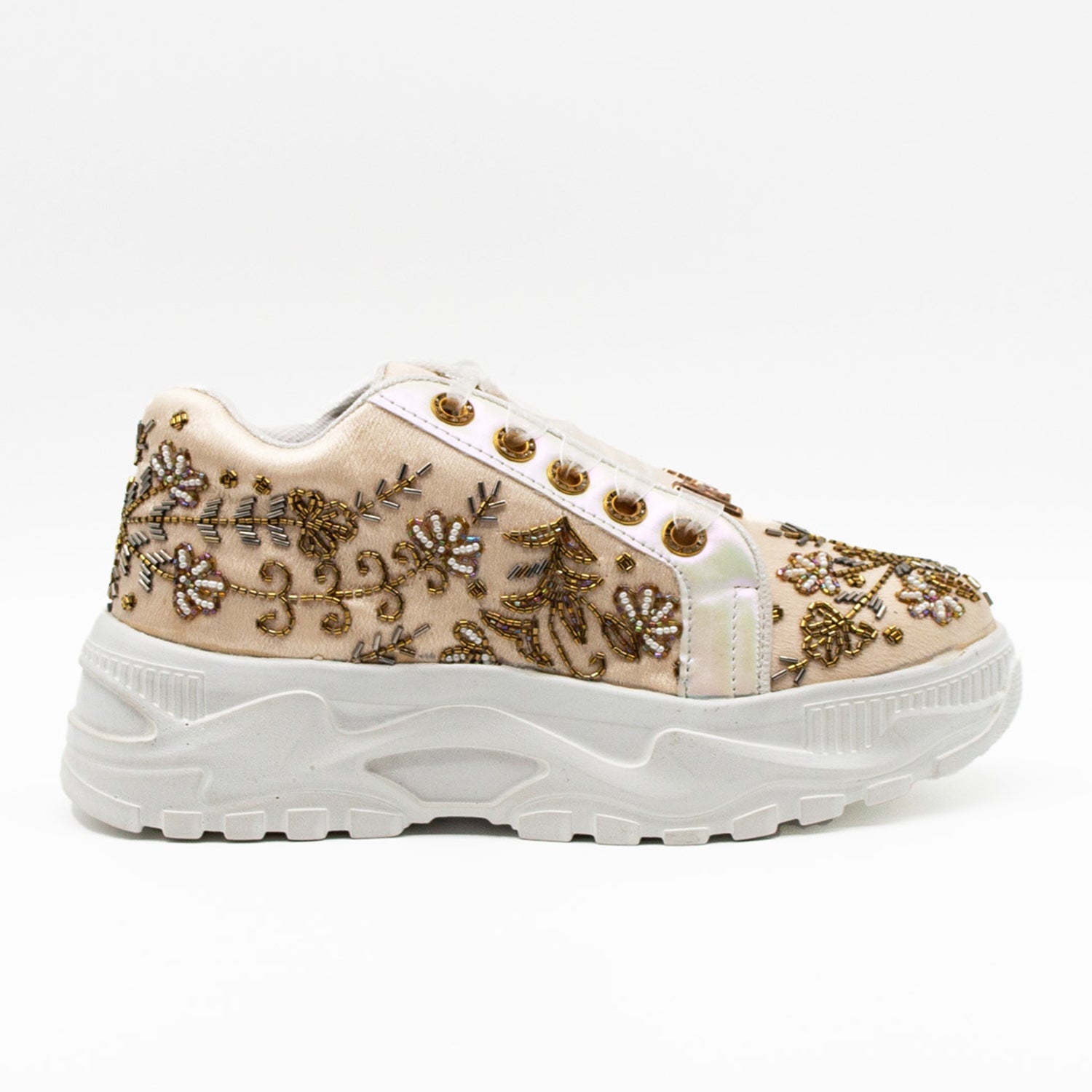 Diana Luxury Buttermilk Satin Handmade Embellished Trainers