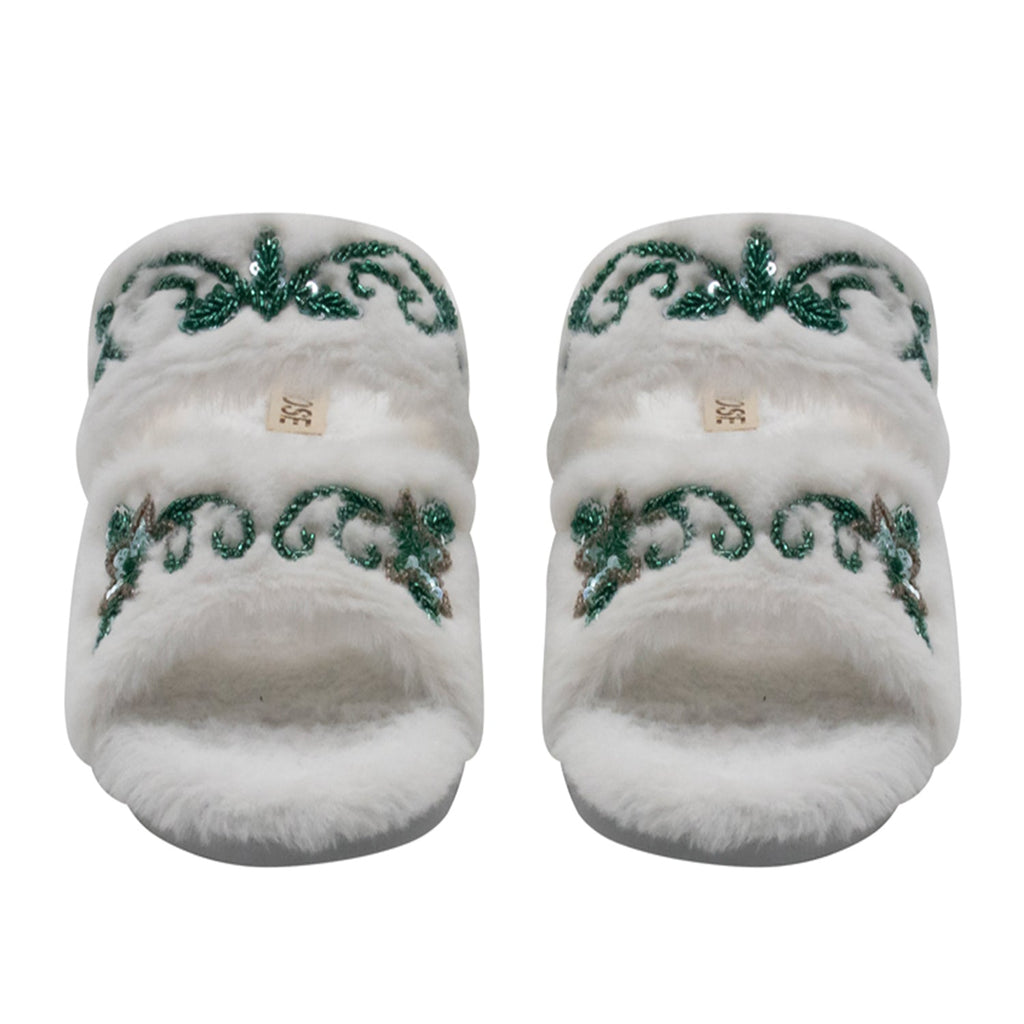 Elkie Cream Luxury Plush Diamanté Embellished Handmade Slipper