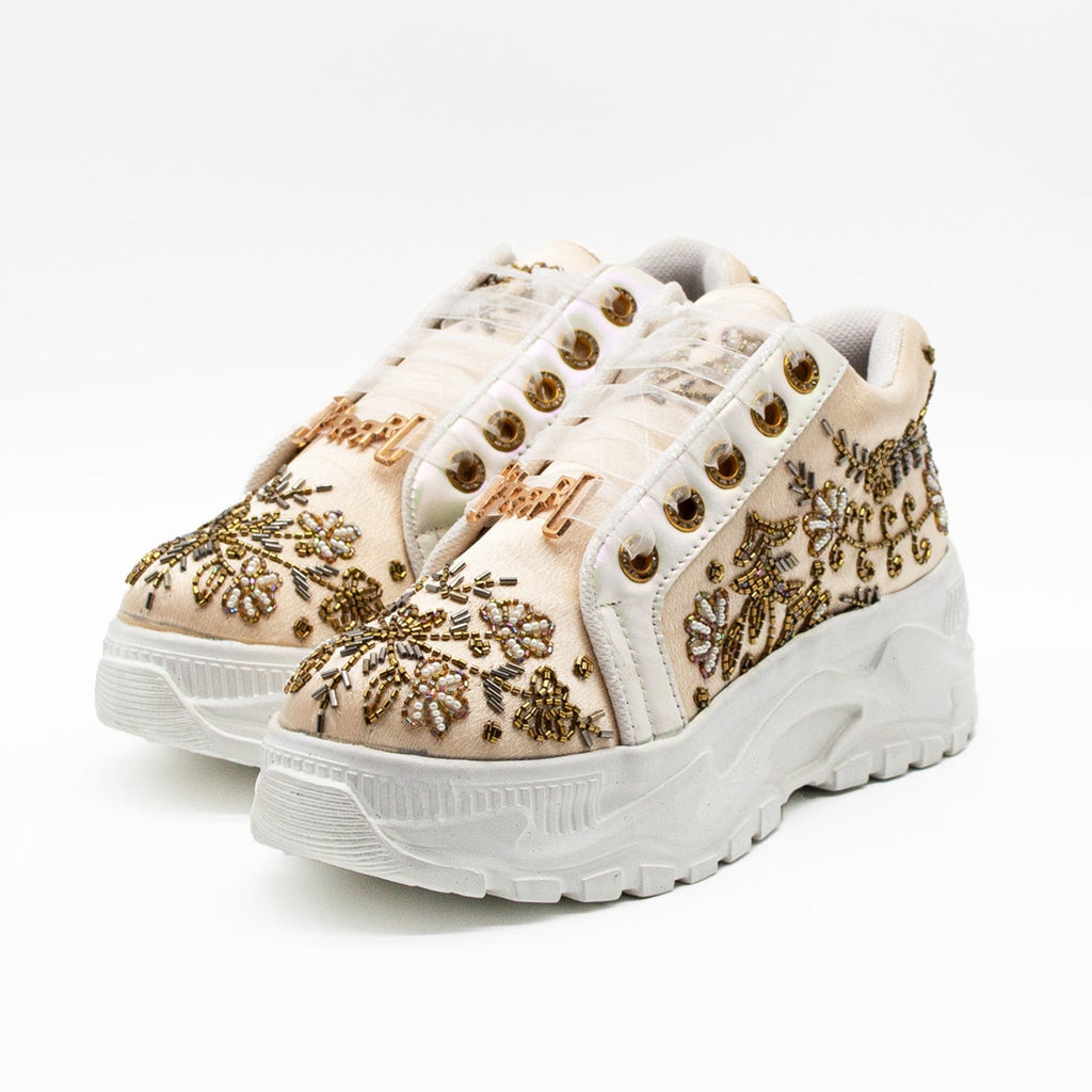 Diana Luxury Buttermilk Satin Handmade Embellished Trainers