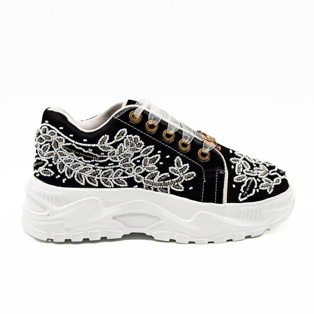 Iska Luxury Black Satin Handmade Embellished Trainers