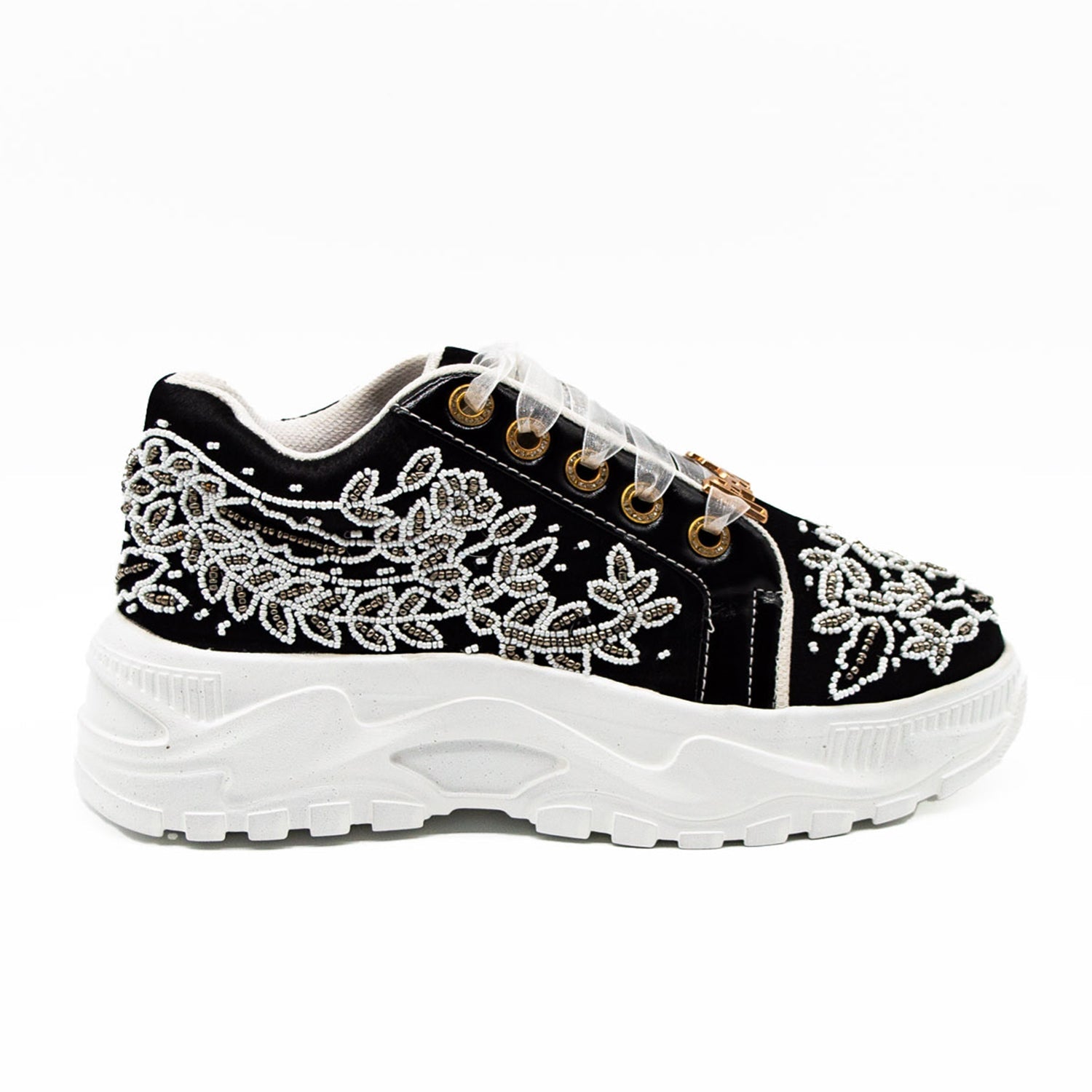 Iska Luxury Black Satin Handmade Embellished Trainers