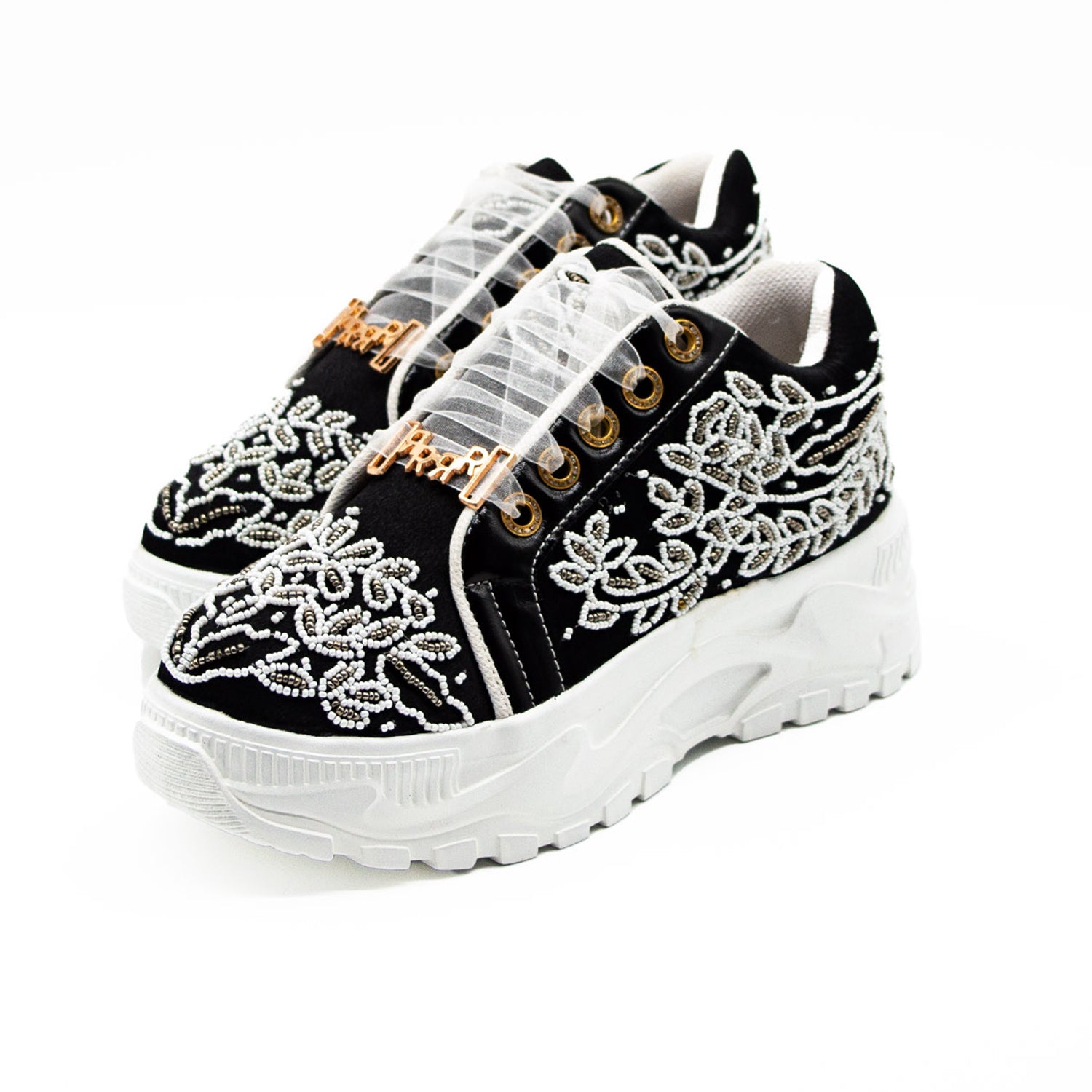 Iska Luxury Black Satin Handmade Embellished Trainers