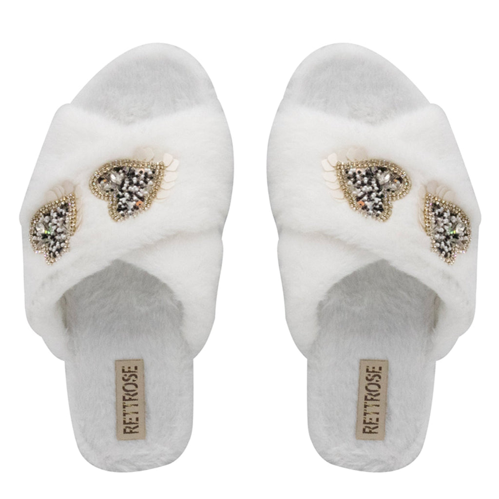 Katie Cream Luxury Plush Diamanté Heart Embellished Handmade Slipper