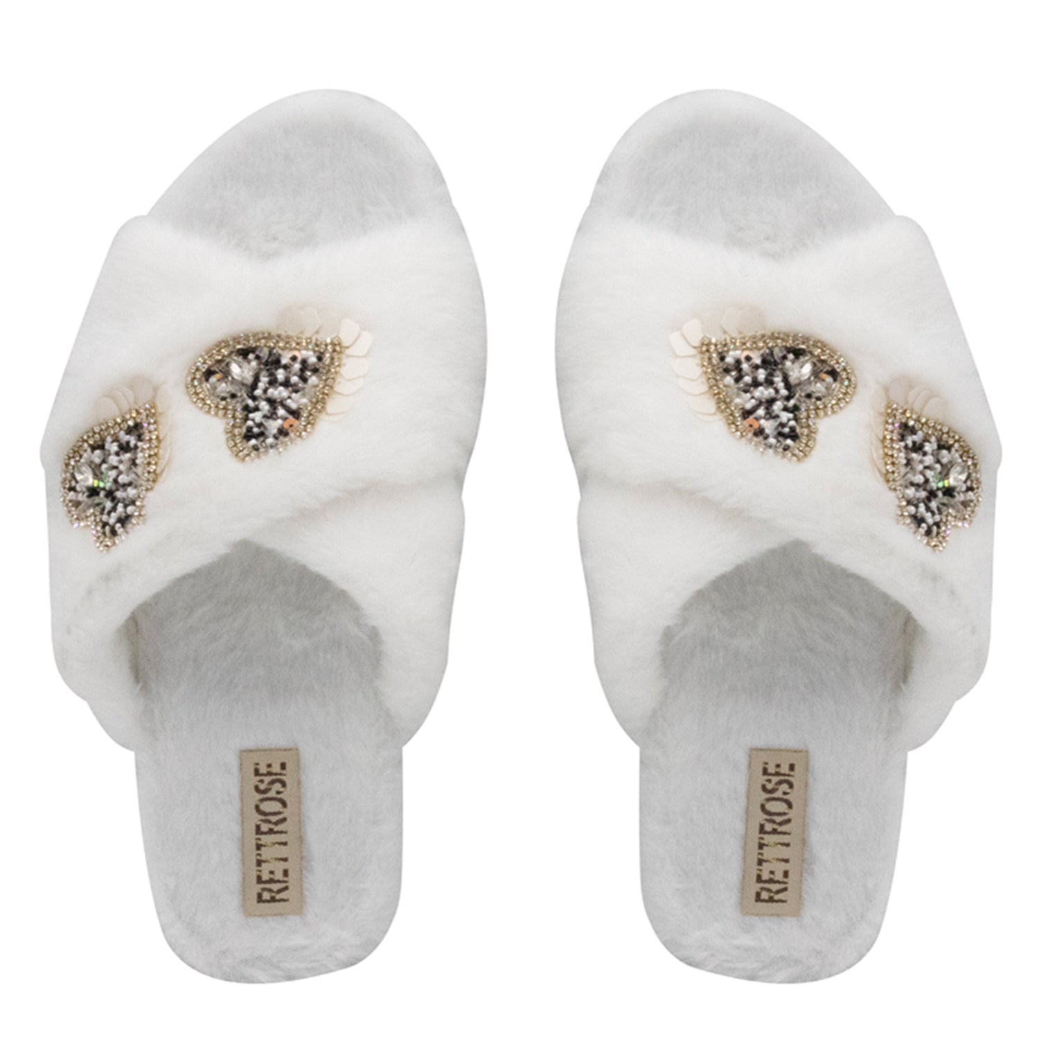 Katie Cream Luxury Plush Diamanté Heart Embellished Handmade Slipper
