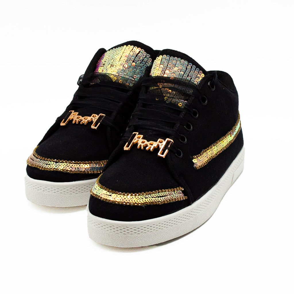 Rylee Luxury Black Canvas Handmade Embellished Tennis Shoe