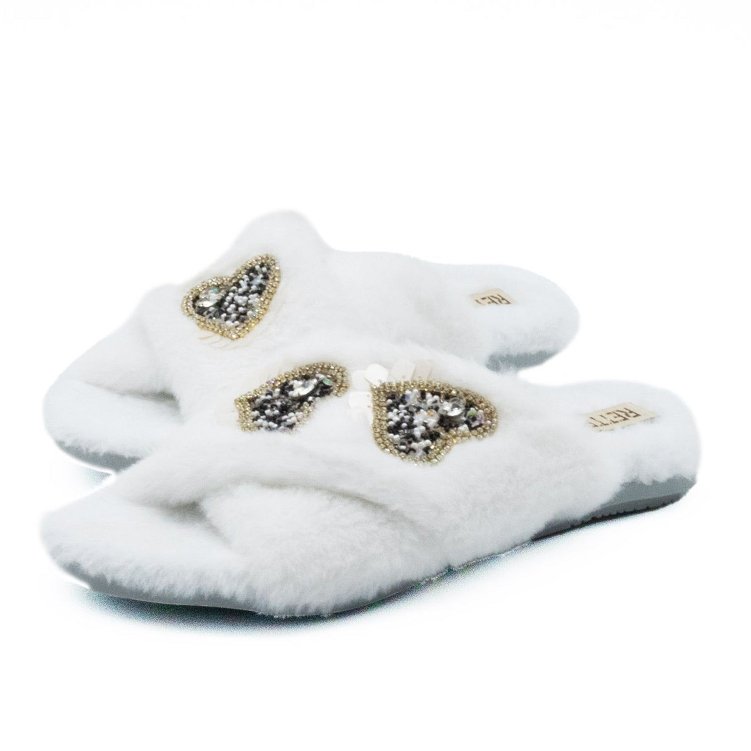 Katie Cream Luxury Plush Diamanté Heart Embellished Handmade Slipper