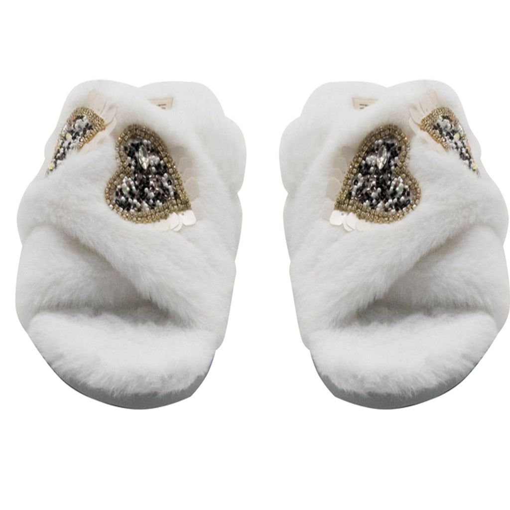 Katie Cream Luxury Plush Diamanté Heart Embellished Handmade Slipper