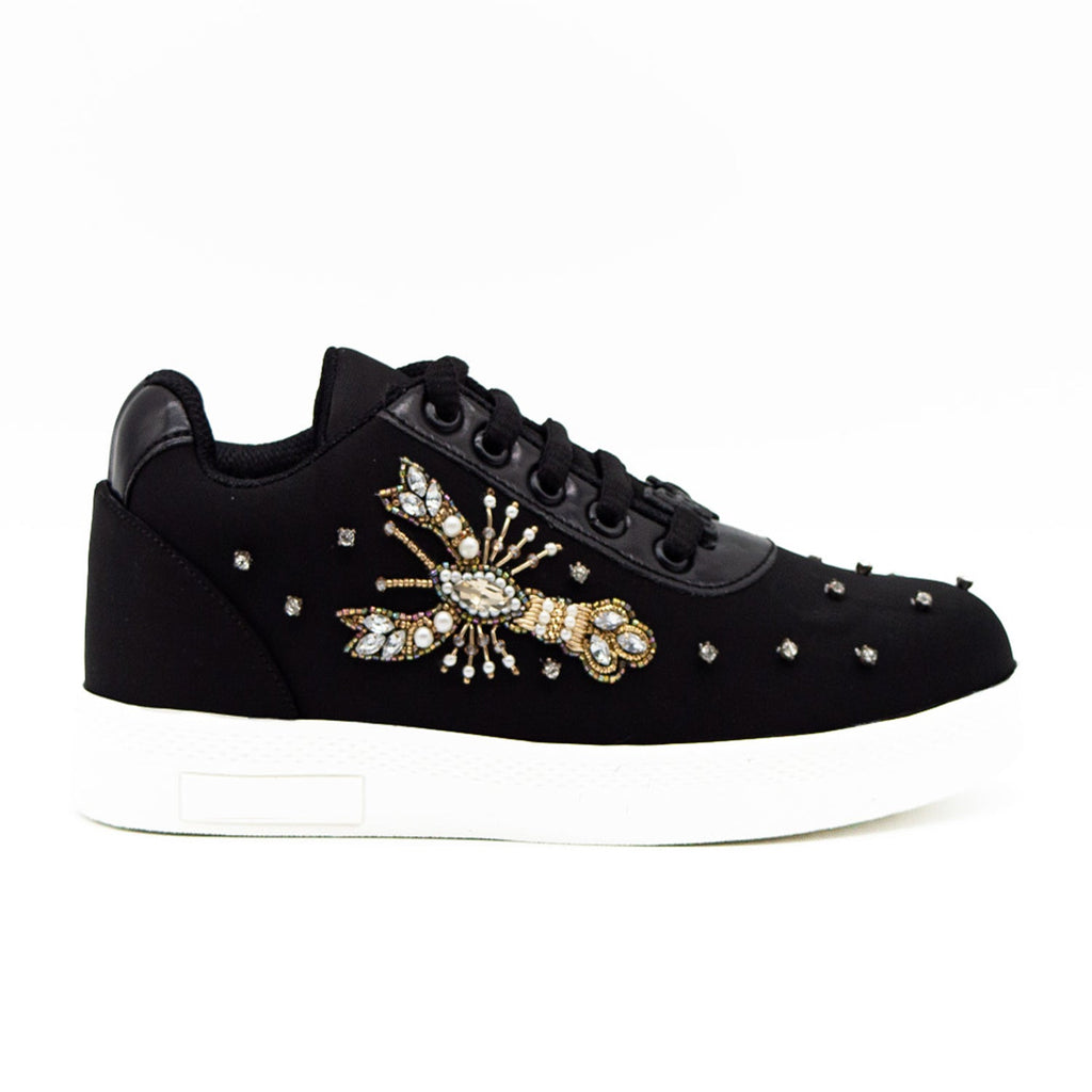 Kehlani Luxury Black Lycra Handmade Embellished Tennis Shoe