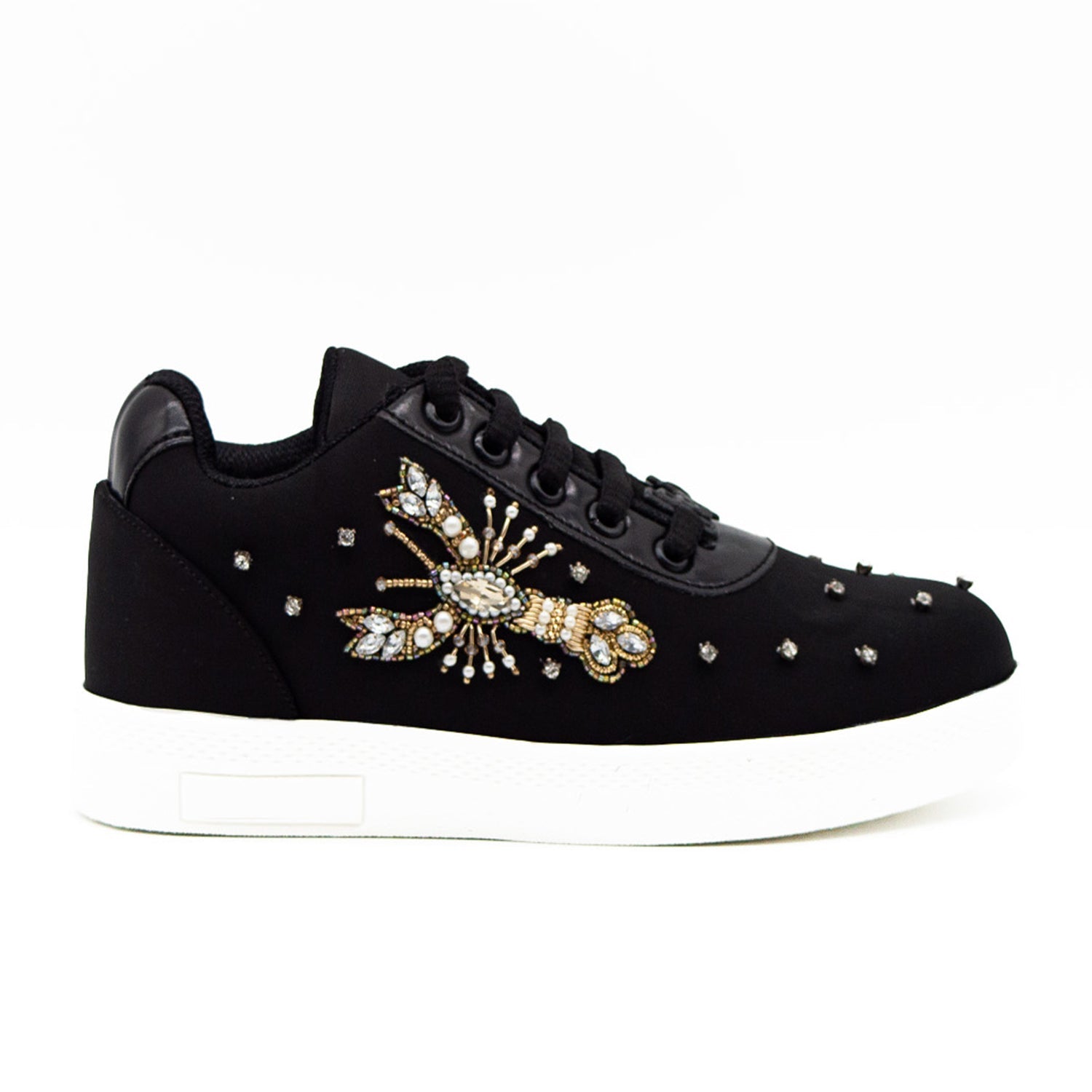 Kehlani Luxury Black Lycra Handmade Embellished Tennis Shoe