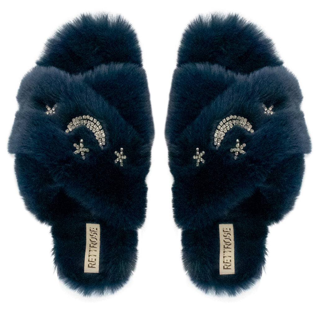 Isabel Navy Plush Handmade Slipper with Diamanté Moon & Star Embellishment