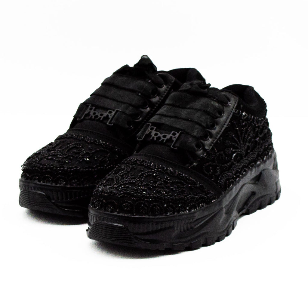 Iris Luxury Noir Satin Handmade Embellished Trainers