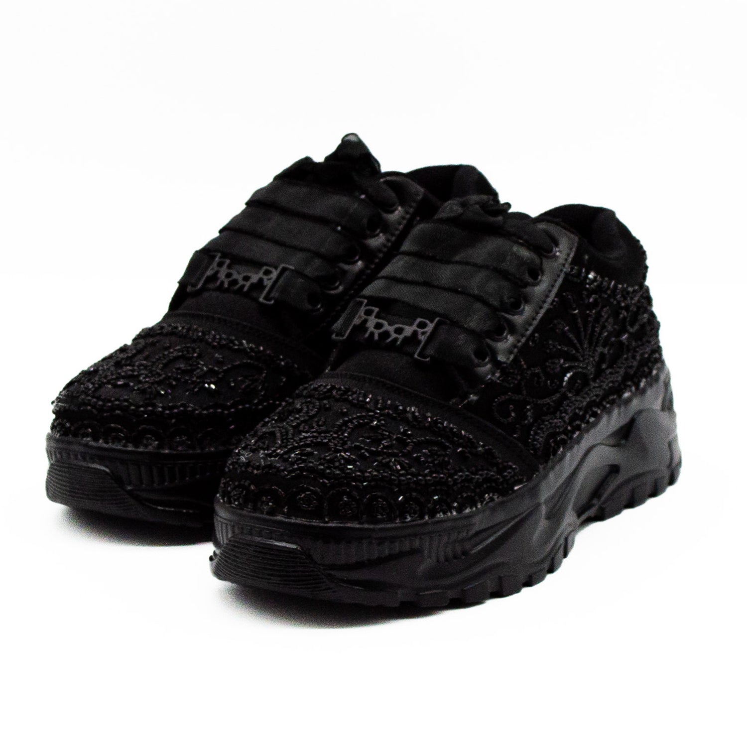 Iris Luxury Noir Satin Handmade Embellished Trainers