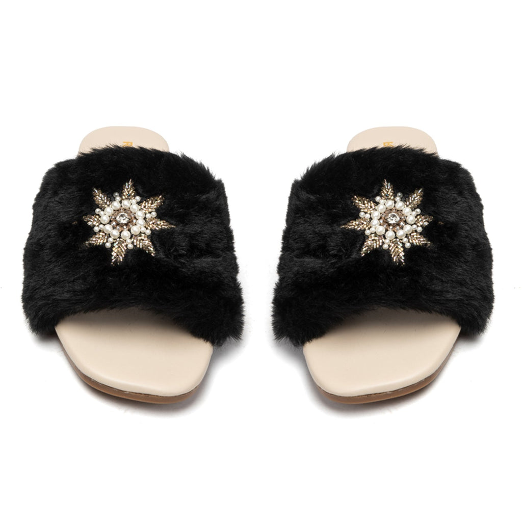 Taylor Black Luxury Plush Diamanté Embellished Handmade Sliders