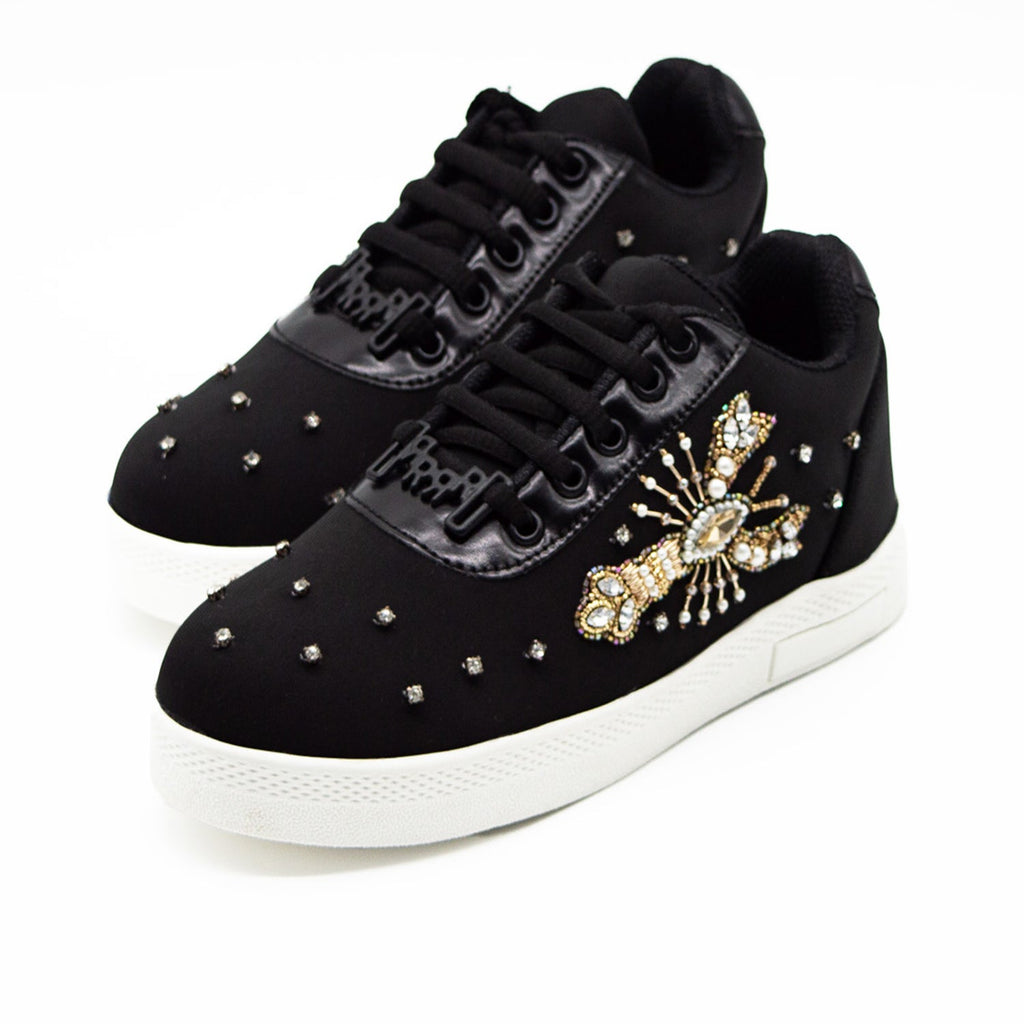 Kehlani Luxury Black Lycra Handmade Embellished Tennis Shoe