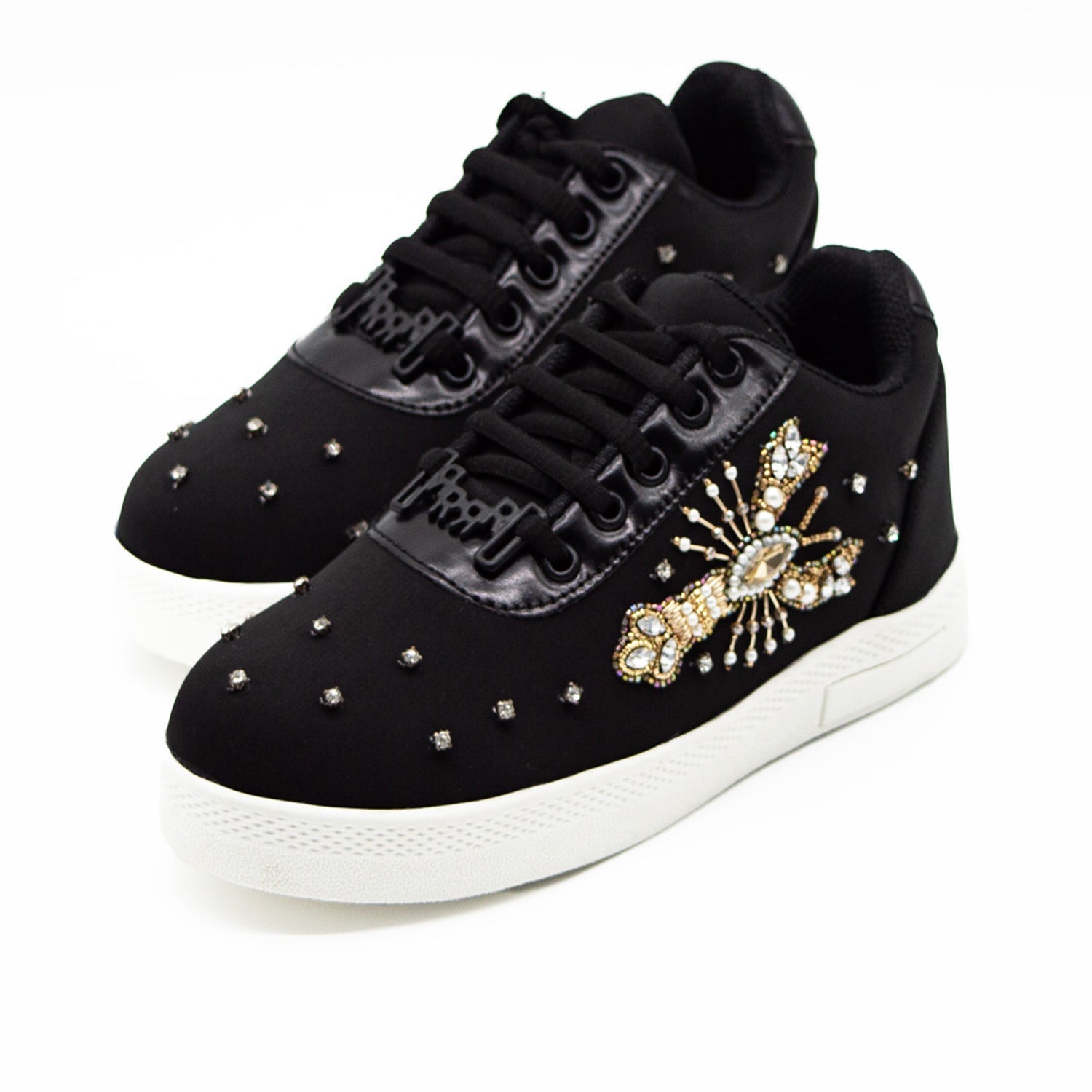 Kehlani Luxury Black Lycra Handmade Embellished Tennis Shoe