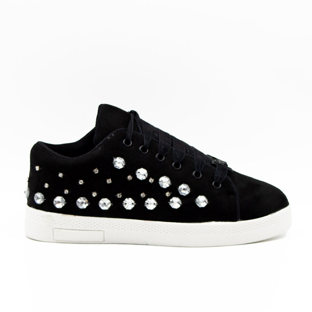 Rose Luxury Black Suede Handmade Embellished Tennis Shoe