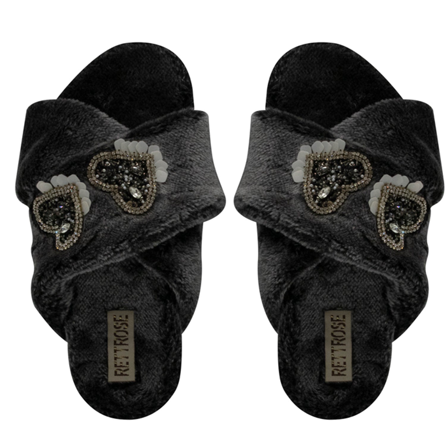 Katie Charcoal Luxury Plush Diamanté Heart Embellished Handmade Slipper