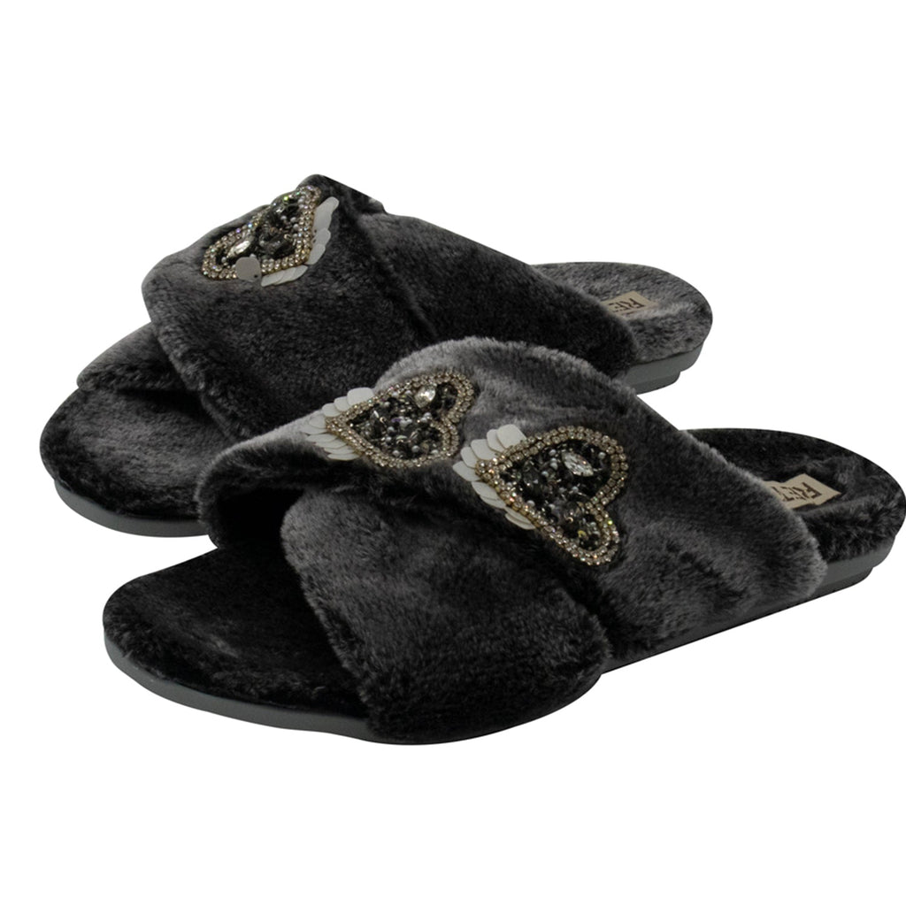 Katie Charcoal Luxury Plush Diamanté Heart Embellished Handmade Slipper