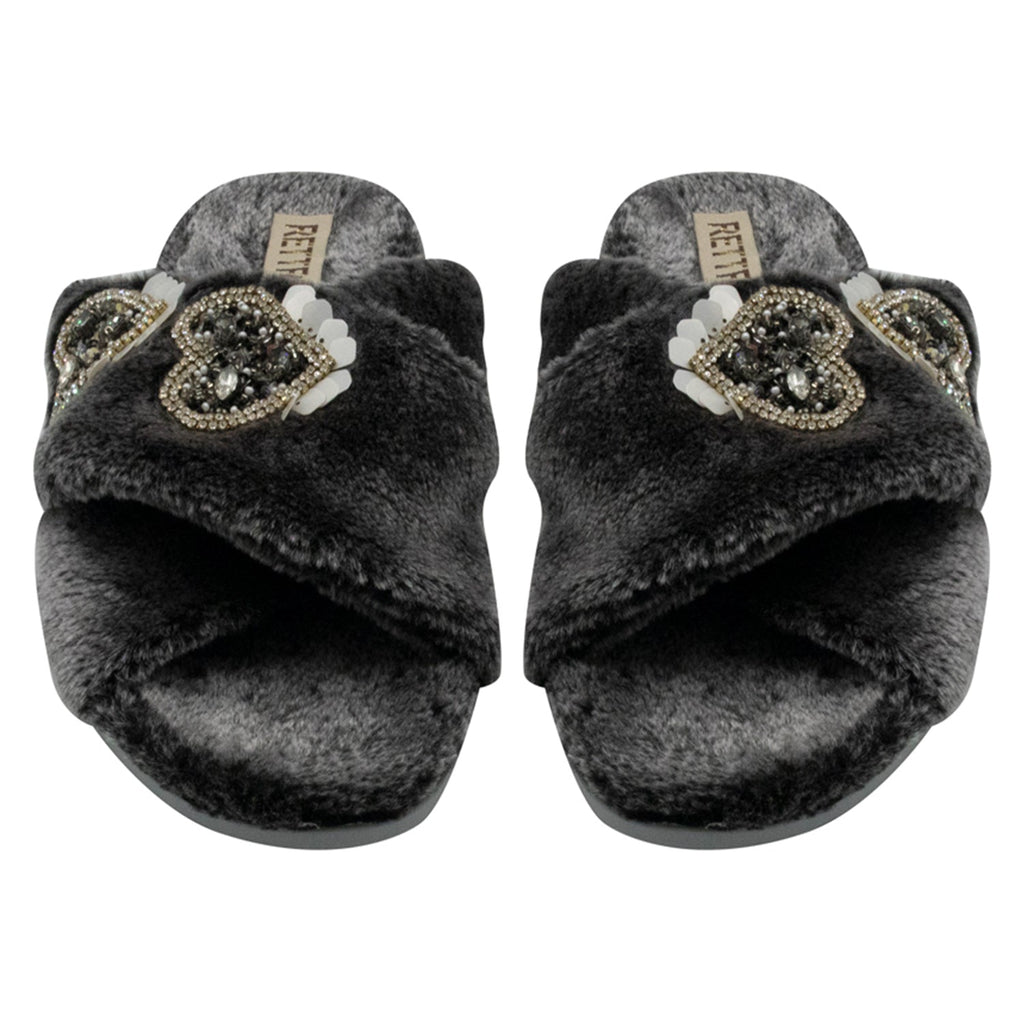 Katie Charcoal Luxury Plush Diamanté Heart Embellished Handmade Slipper