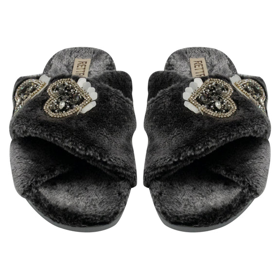 Katie Charcoal Luxury Plush Diamanté Heart Embellished Handmade Slipper
