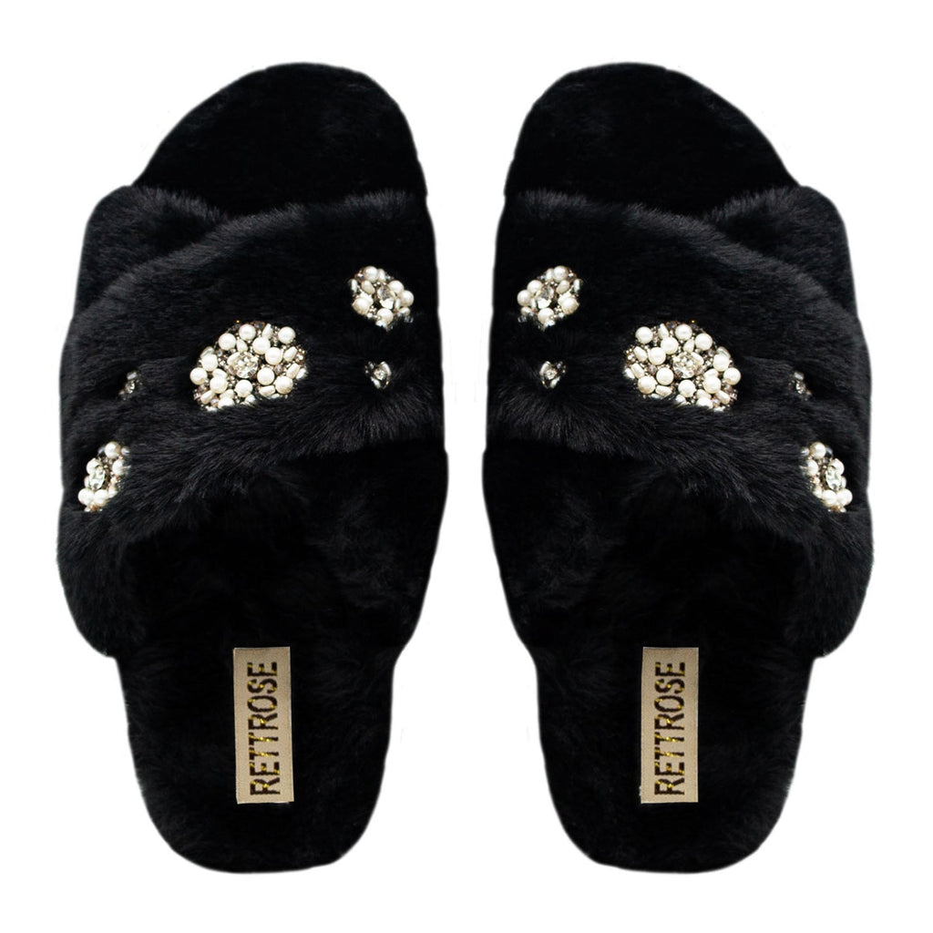 Juliette Black Luxury Plush Diamanté Embellished Handmade Slipper