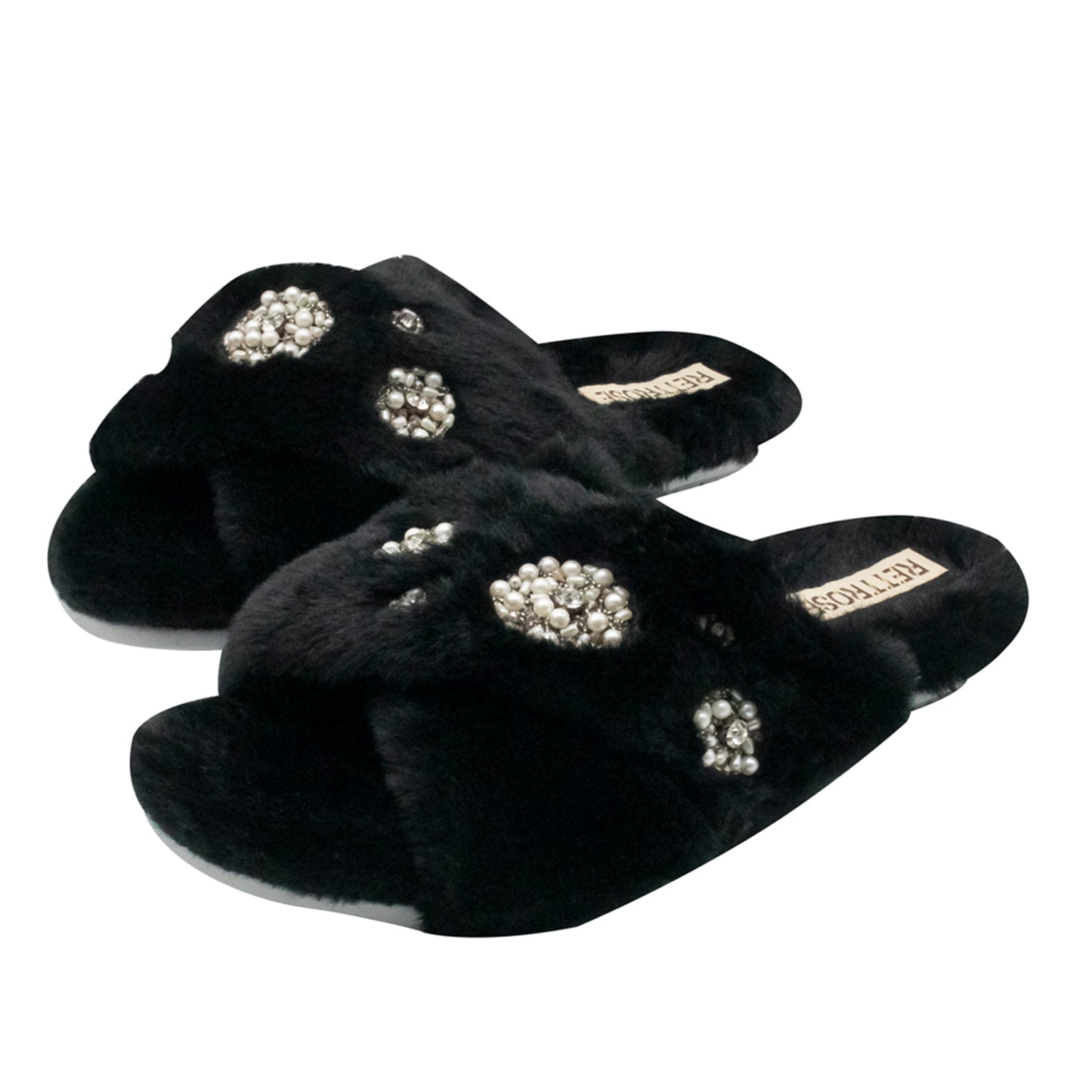 Juliette Black Luxury Plush Diamanté Embellished Handmade Slipper